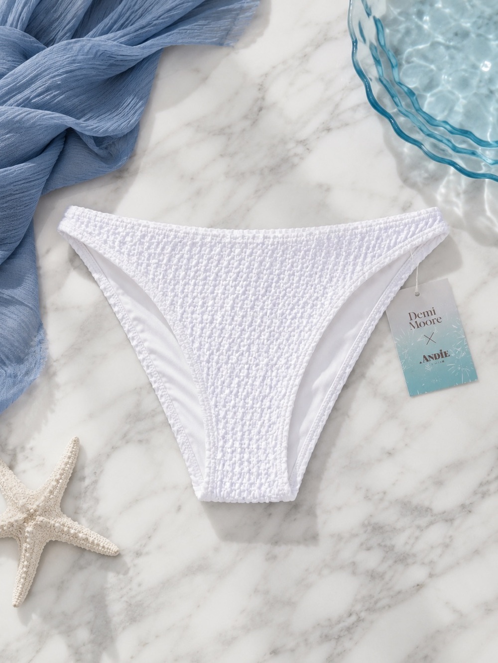 Andie Swim x Demi Moore White Textured Bikini Bottom NWT Size L Tropez Resort